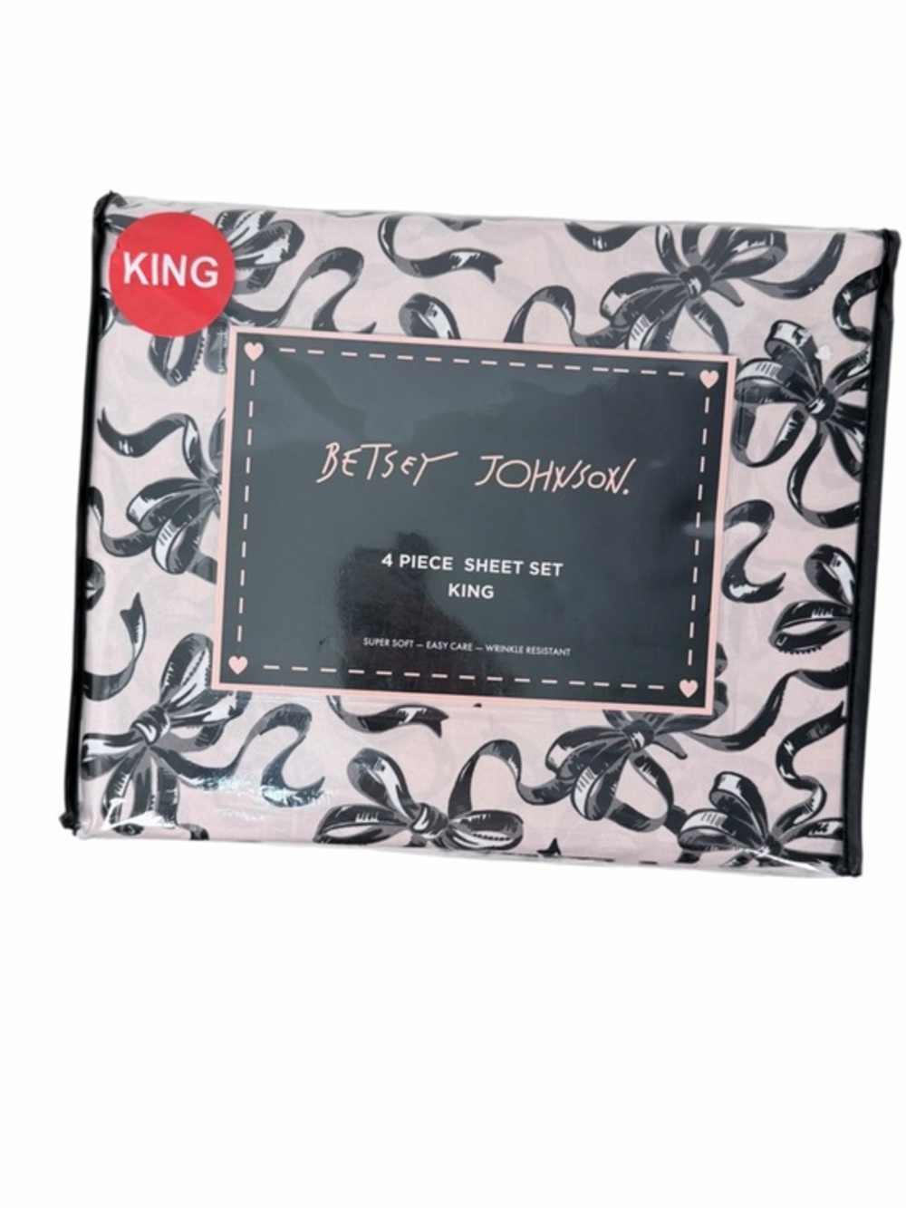 Betsy Johnson King Sheet Set Pink Black Bow Print 4 Piece Bedding Set New